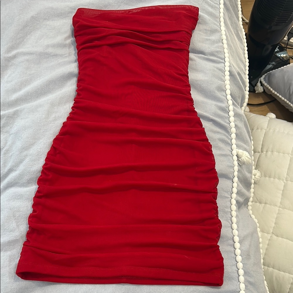 Garage Red Strapless Ruched Bodycon Dress